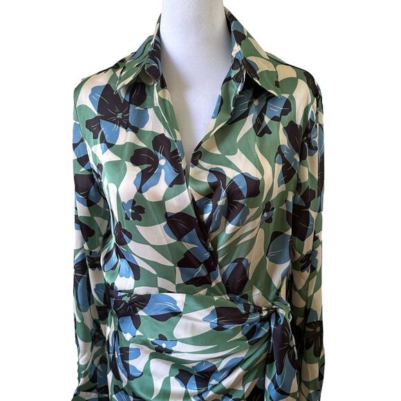 Dress Forum Long Sleeves V-neck Wrap Midi Dress Multicolor Green Size M NWT - Picture 2 of 8